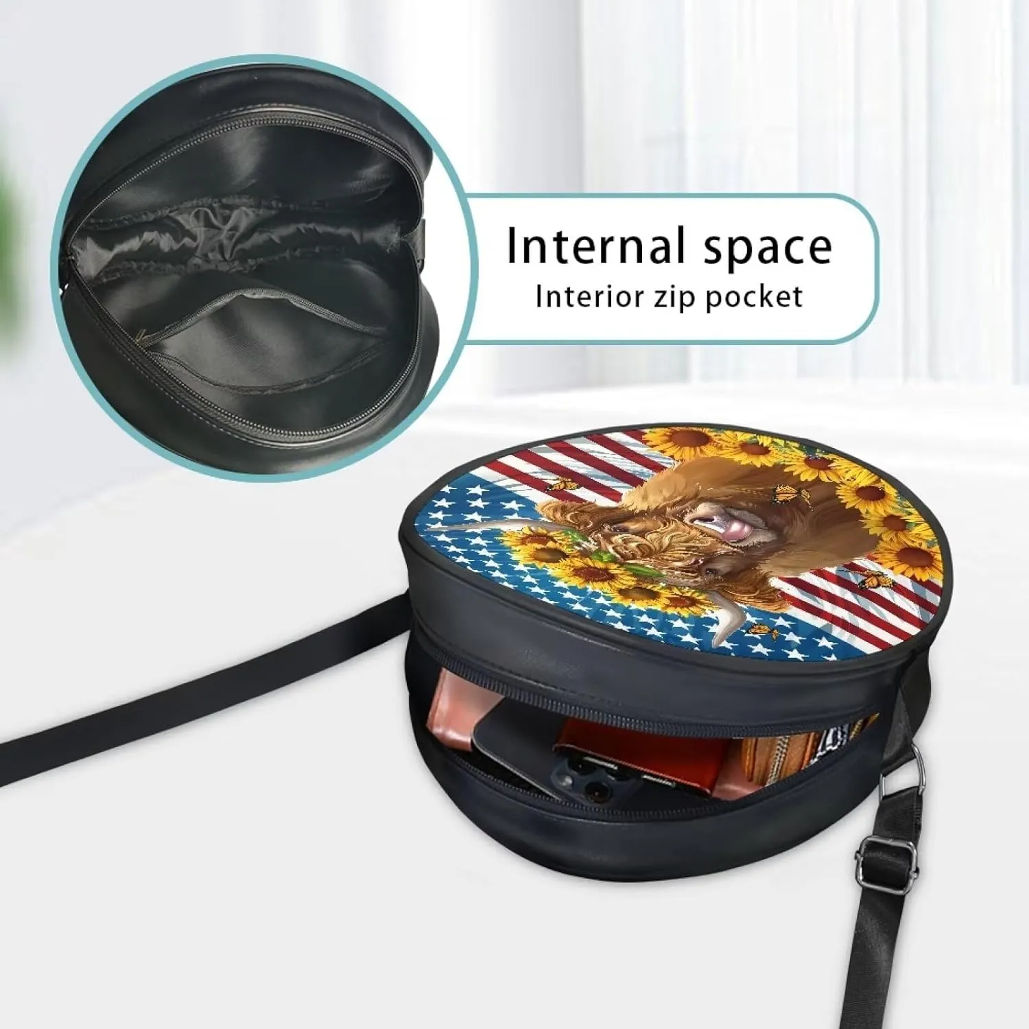 Round Crossbody Bags for Women, Leather Circle Purse Zipper Small Shoulder Bag with Adjustable Straps