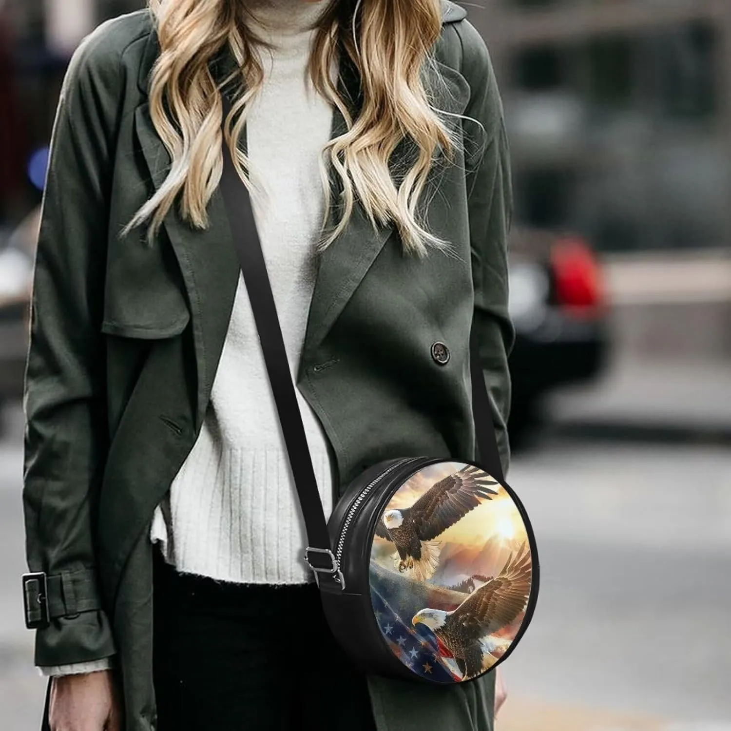 Round Crossbody Bags for Women, Leather Circle Purse Zipper Small Shoulder Bag with Adjustable Straps