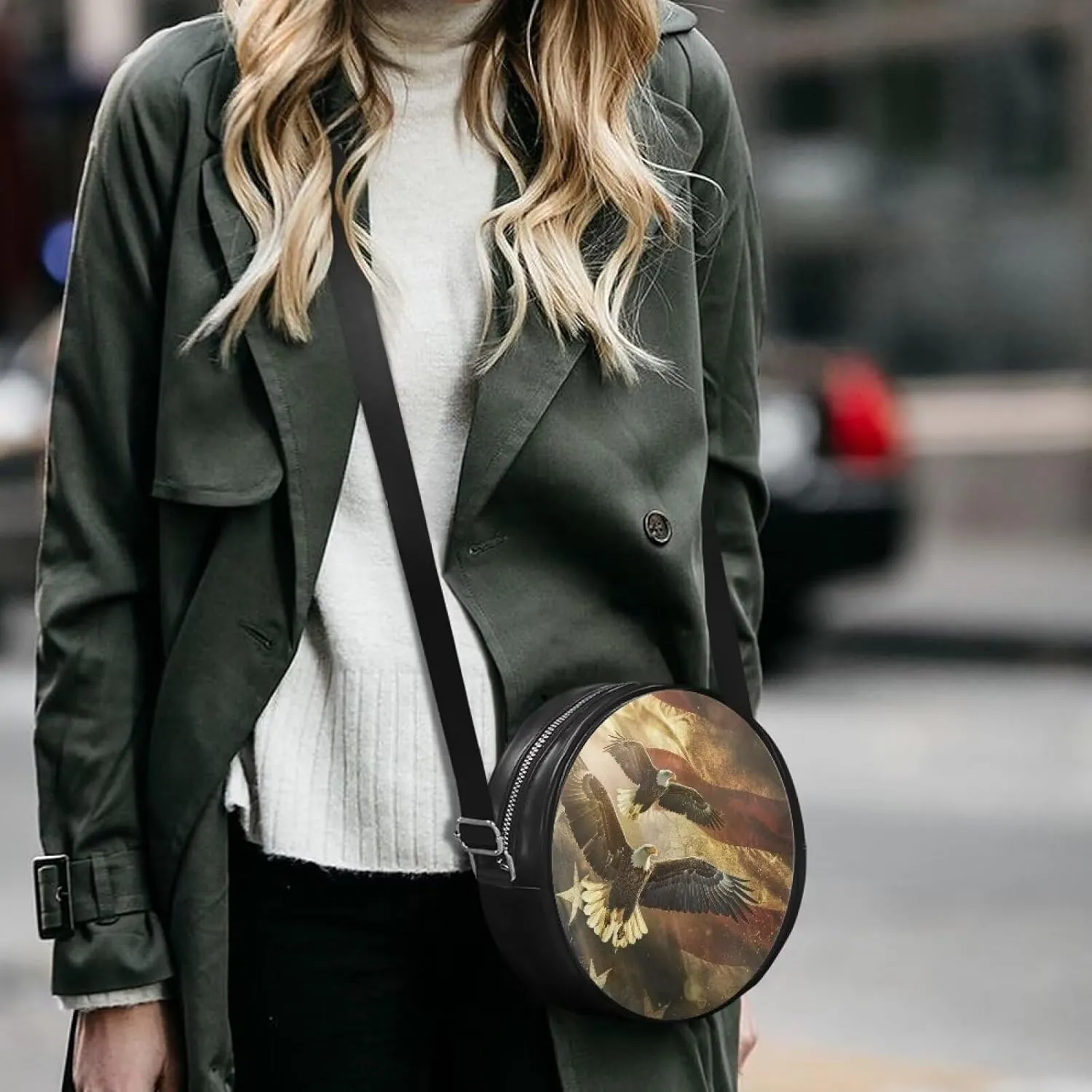 Round Crossbody Bags for Women, Leather Circle Purse Zipper Small Shoulder Bag with Adjustable Straps