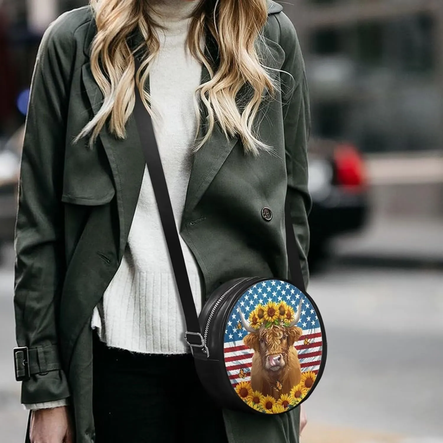 Round Crossbody Bags for Women, Leather Circle Purse Zipper Small Shoulder Bag with Adjustable Straps
