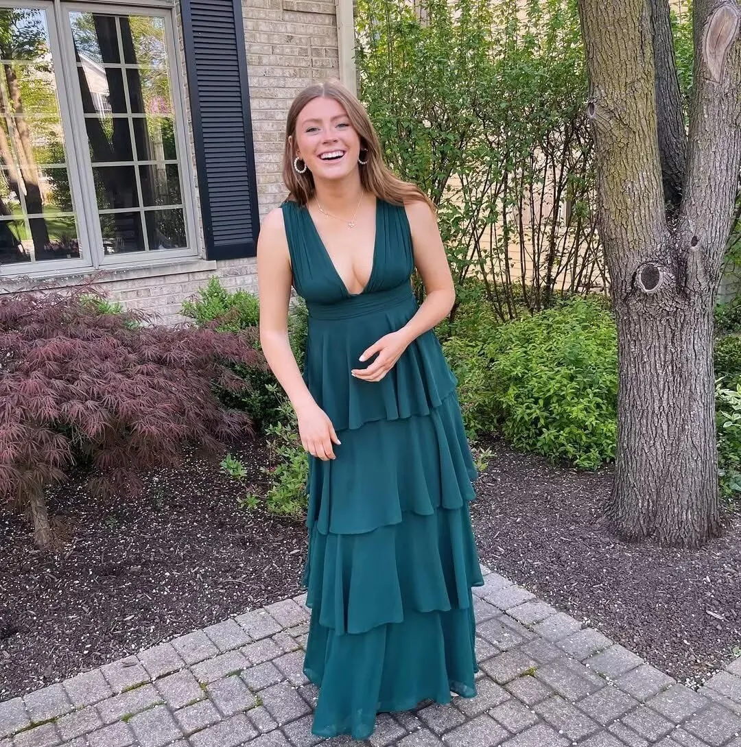 Ruffle Tiered Chiffon Bridesmaid Dresses Long for Women V Neck Formal Evening Dresses