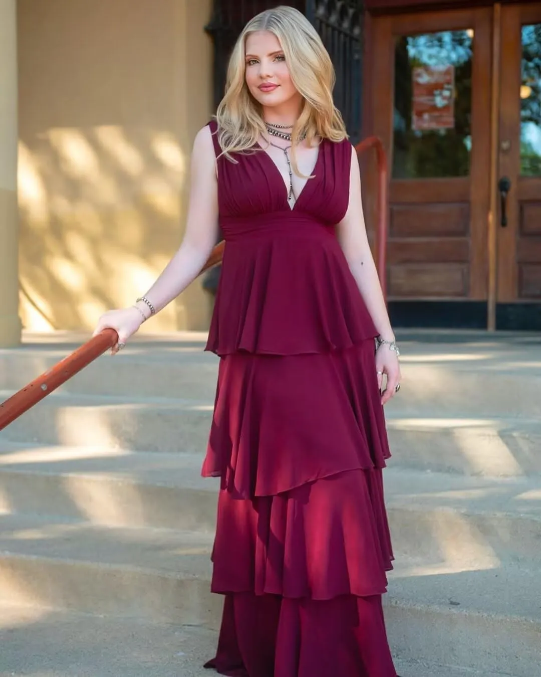 Ruffle Tiered Chiffon Bridesmaid Dresses Long for Women V Neck Formal Evening Dresses