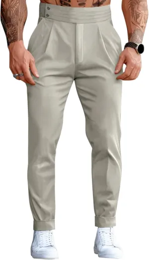 Runcati Mens Dress Pants Pleated Elastic Waist Chinos Trousers Work Suit Pants Slim Fit Slacks