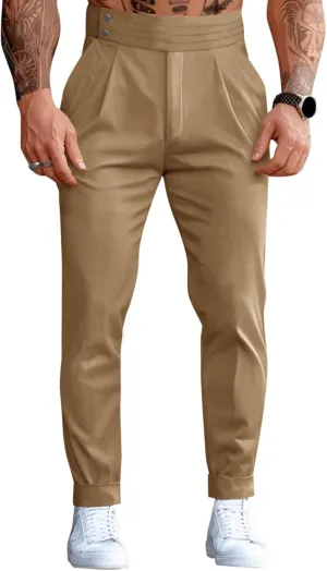 Runcati Mens Dress Pants Pleated Elastic Waist Chinos Trousers Work Suit Pants Slim Fit Slacks