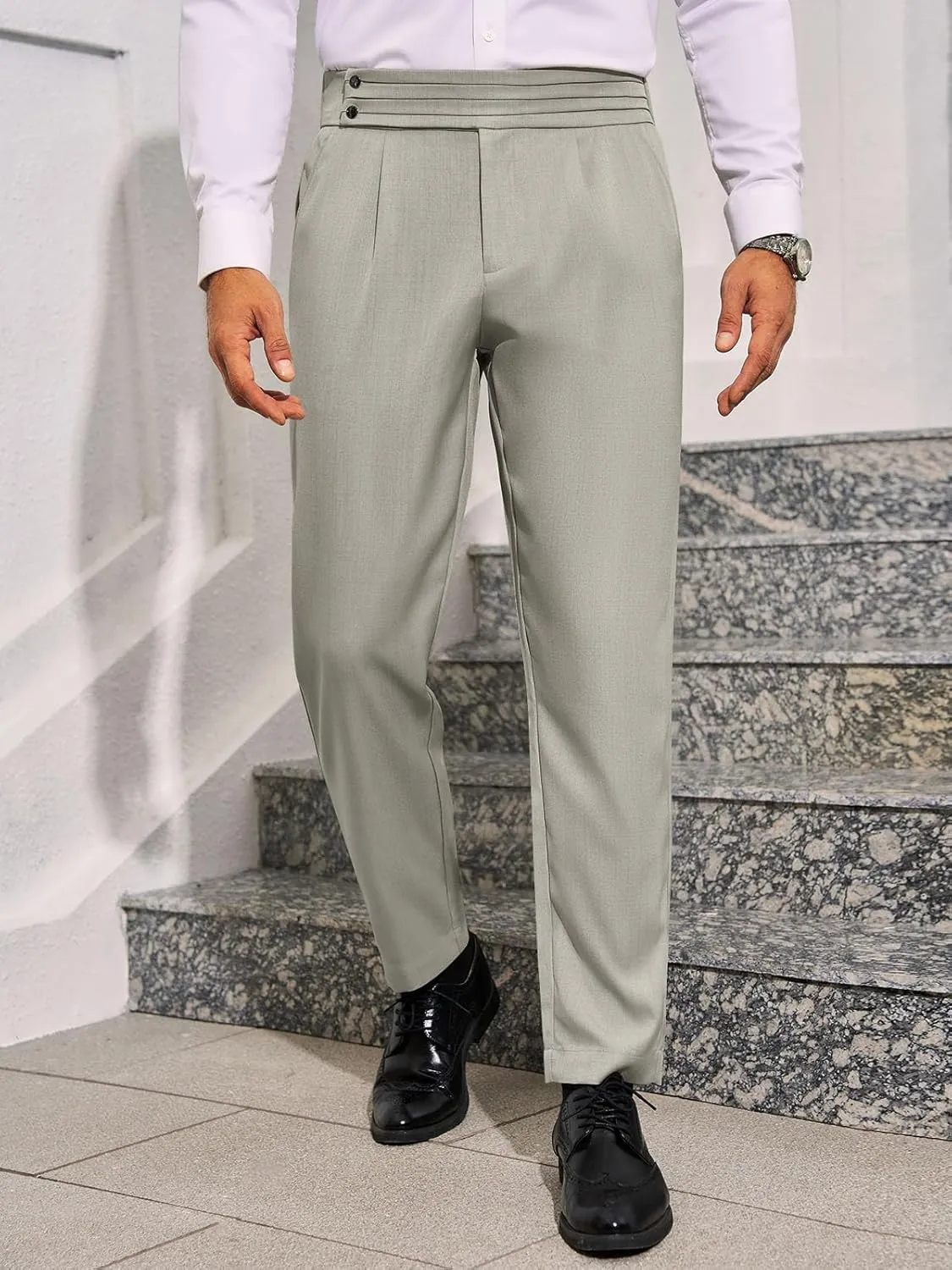 Runcati Mens Dress Pants Pleated Elastic Waist Chinos Trousers Work Suit Pants Slim Fit Slacks