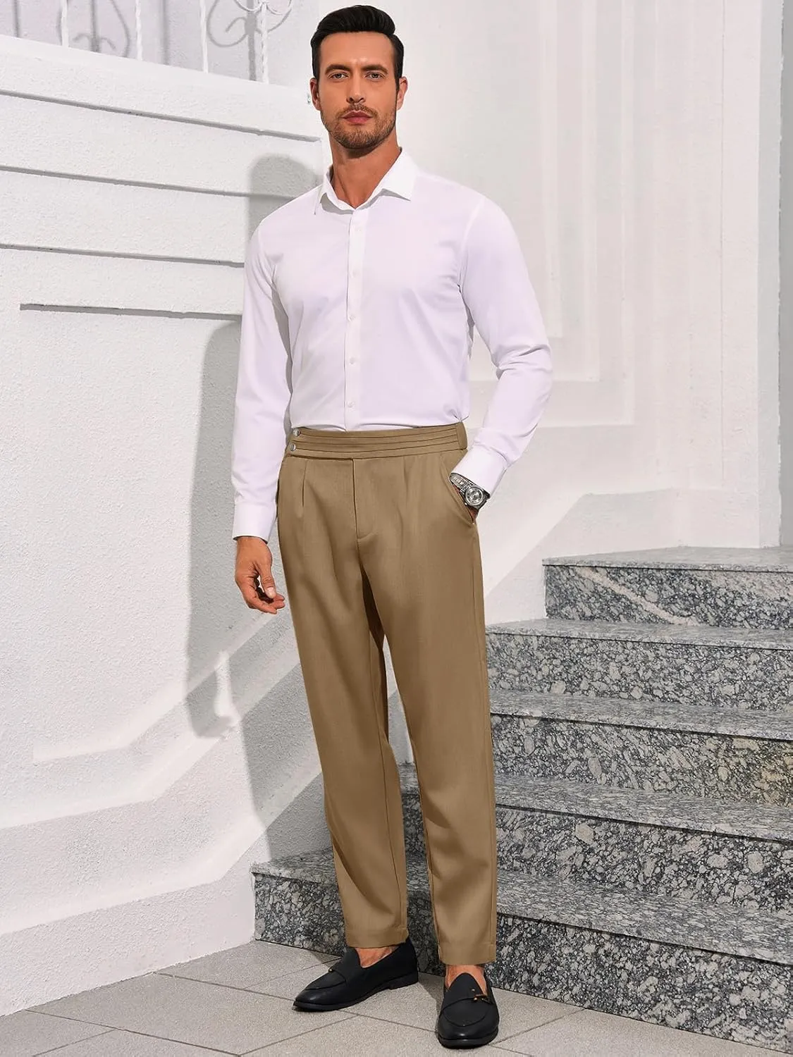 Runcati Mens Dress Pants Pleated Elastic Waist Chinos Trousers Work Suit Pants Slim Fit Slacks