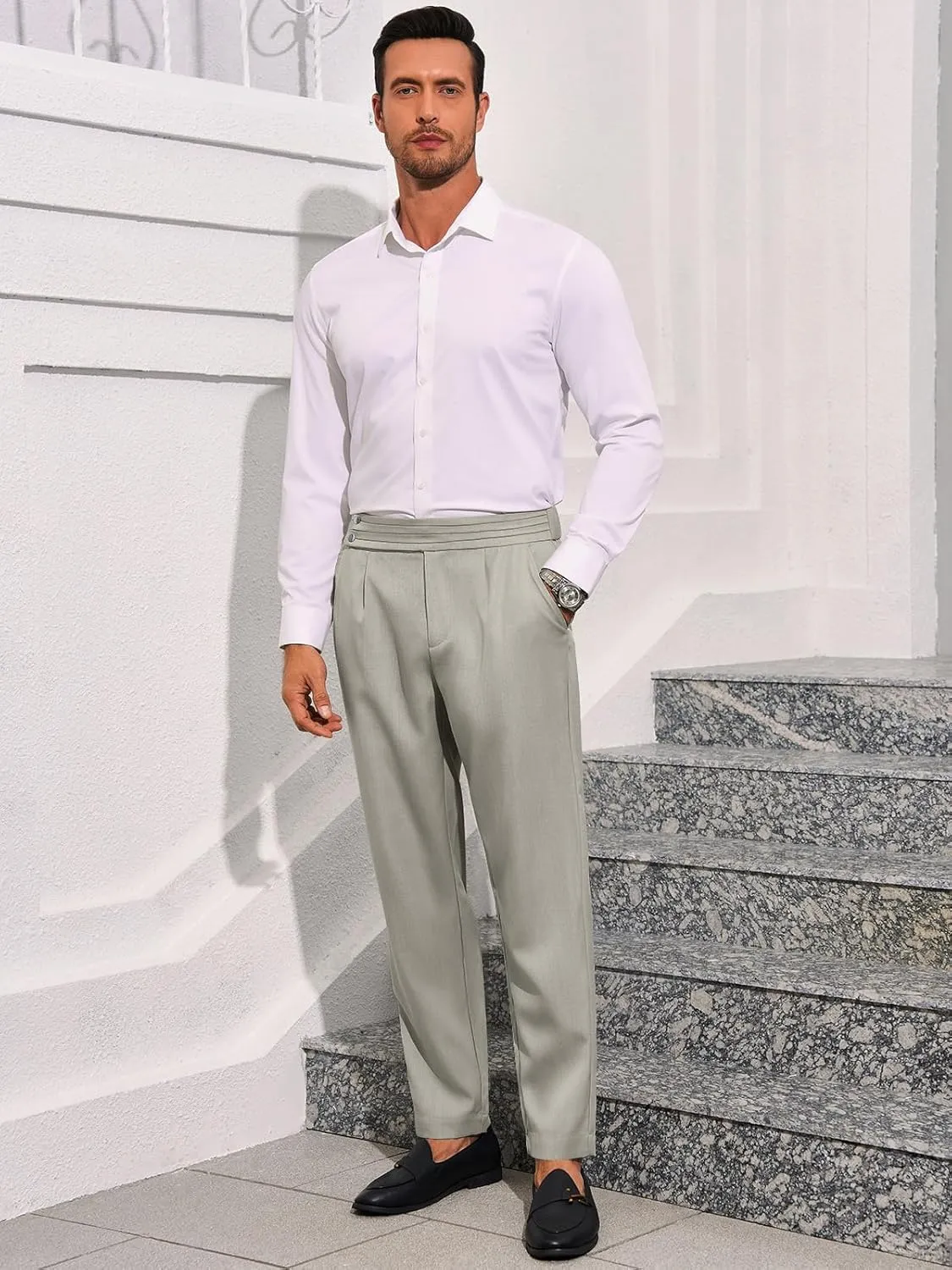 Runcati Mens Dress Pants Pleated Elastic Waist Chinos Trousers Work Suit Pants Slim Fit Slacks