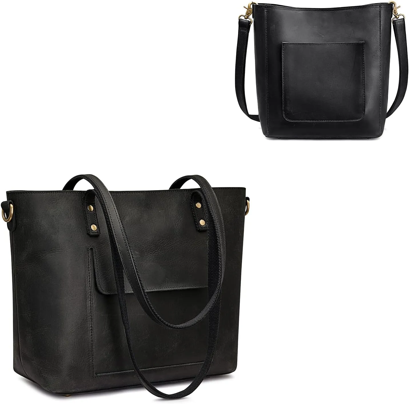 S-ZONE Women Genuine Leather Tote Bag Bundle with Distressed Shoulder Bucket Purse
