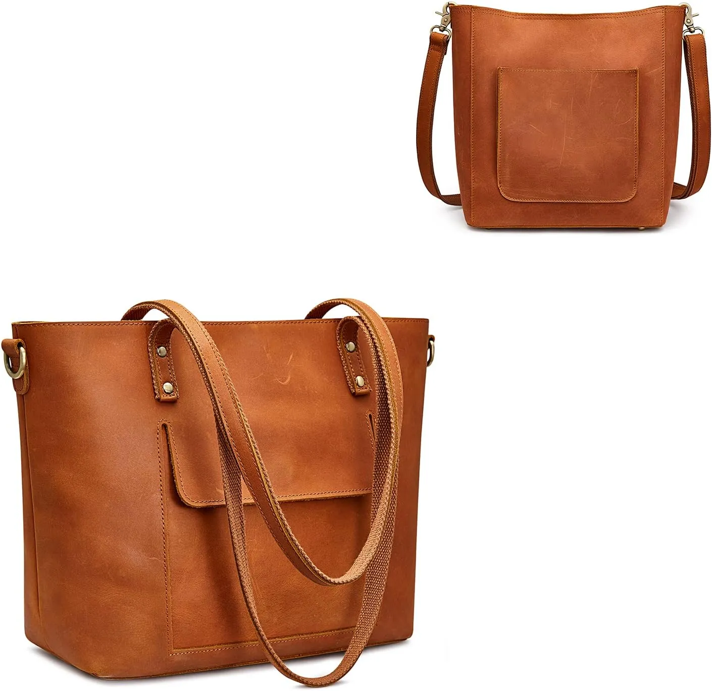 S-ZONE Women Genuine Leather Tote Bag Bundle with Distressed Shoulder Bucket Purse
