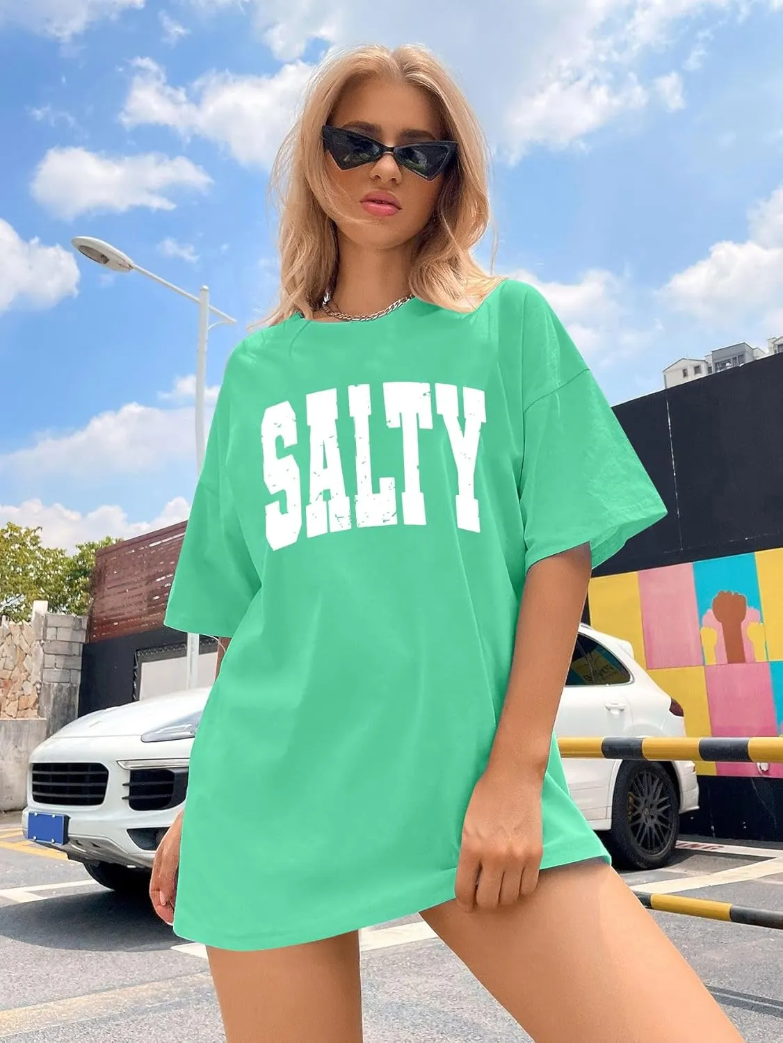 Salty Beach Oversized Graphic Tees: Womens Summer Beach Tshirts Hawaii Shirt Casual Short Sleeve Tops