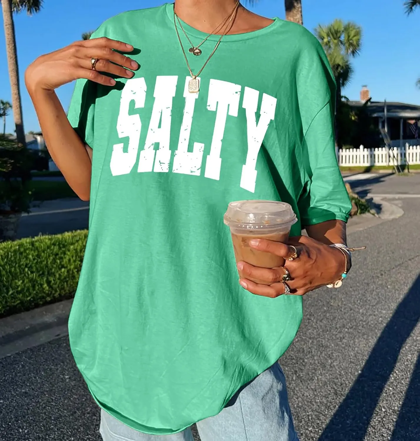 Salty Beach Oversized Graphic Tees: Womens Summer Beach Tshirts Hawaii Shirt Casual Short Sleeve Tops