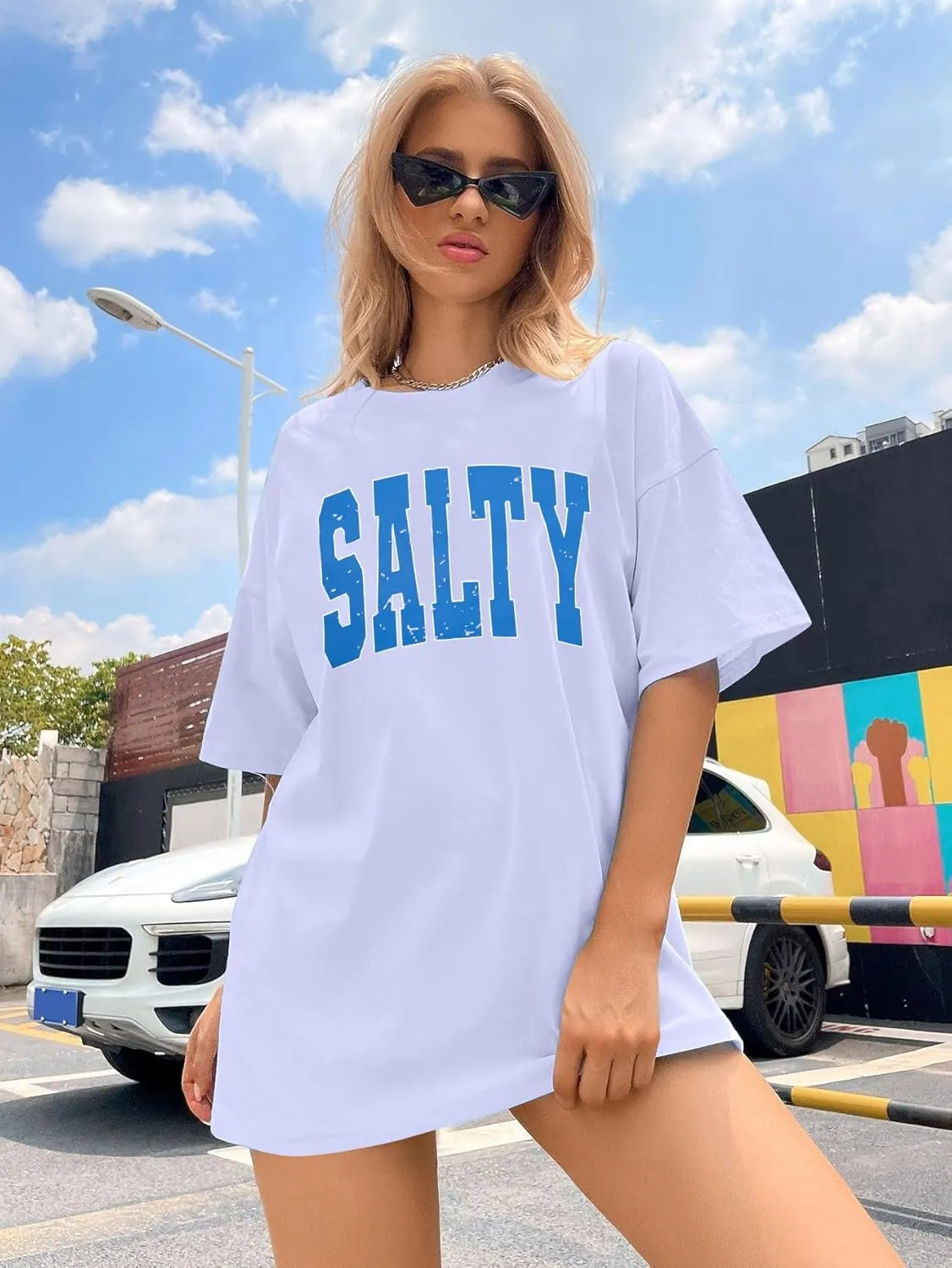 Salty Beach Oversized Graphic Tees: Womens Summer Beach Tshirts Hawaii Shirt Casual Short Sleeve Tops