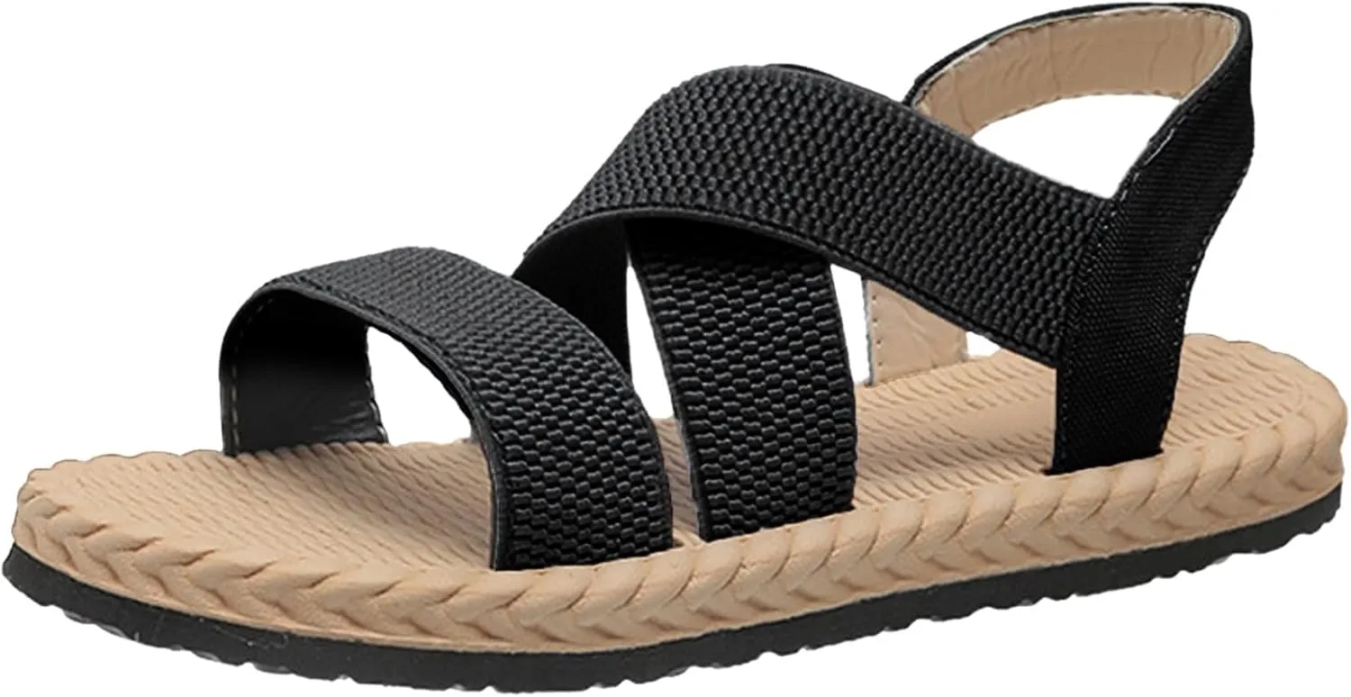Sandals for Women Summer Beach Boho Sandals Dressy Low Wedge Sandal Elastic Ankle Strap Sandal Casual Walking Shoes