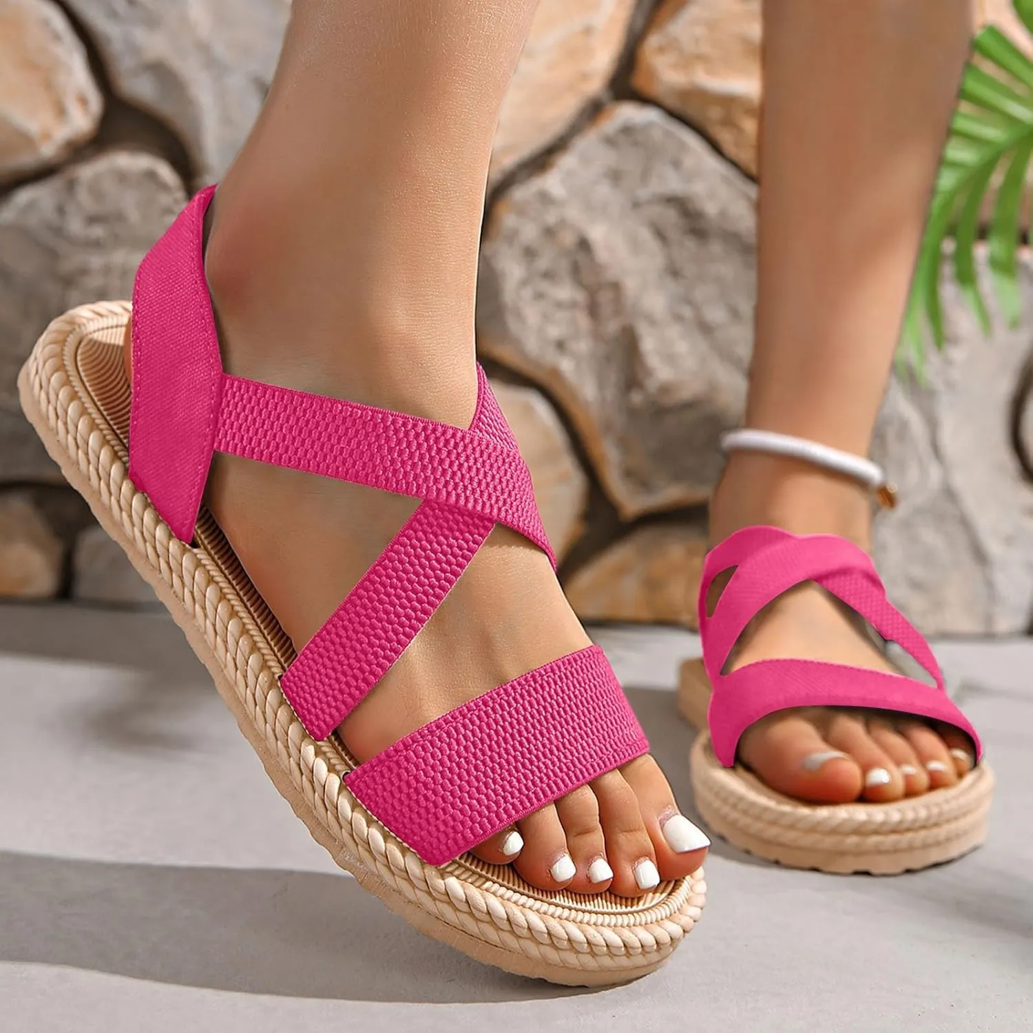 Sandals for Women Summer Beach Boho Sandals Dressy Low Wedge Sandal Elastic Ankle Strap Sandal Casual Walking Shoes