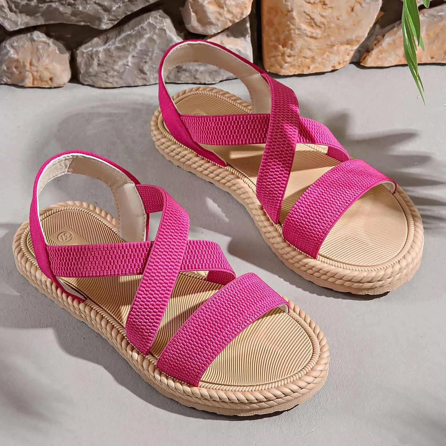 Sandals for Women Summer Beach Boho Sandals Dressy Low Wedge Sandal Elastic Ankle Strap Sandal Casual Walking Shoes