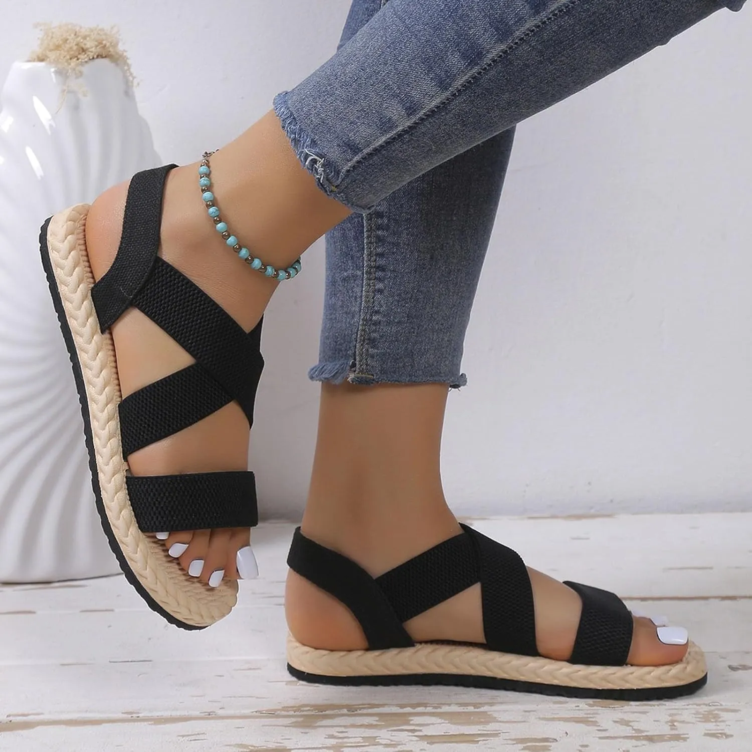 Sandals for Women Summer Beach Boho Sandals Dressy Low Wedge Sandal Elastic Ankle Strap Sandal Casual Walking Shoes