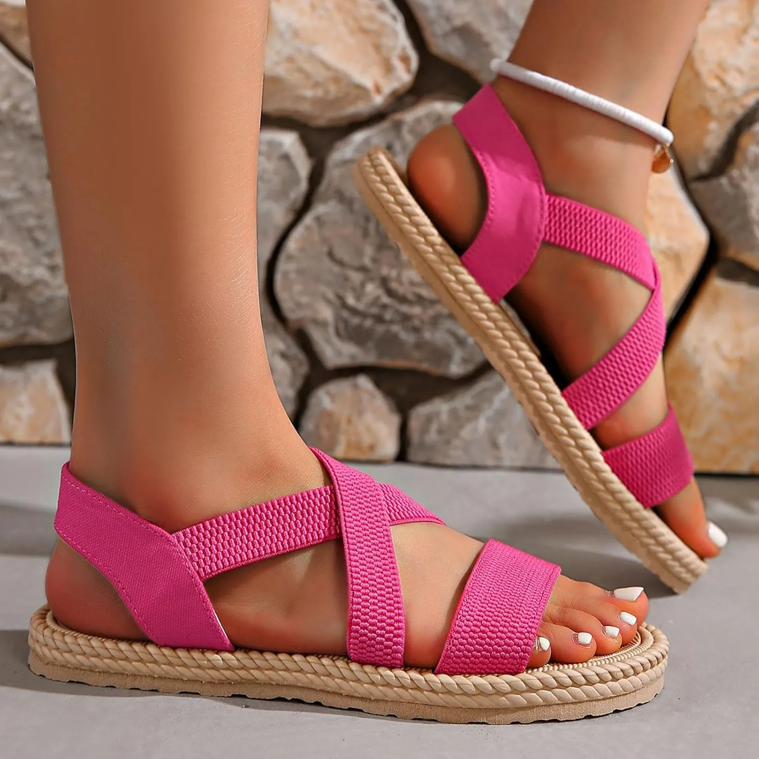 Sandals for Women Summer Beach Boho Sandals Dressy Low Wedge Sandal Elastic Ankle Strap Sandal Casual Walking Shoes