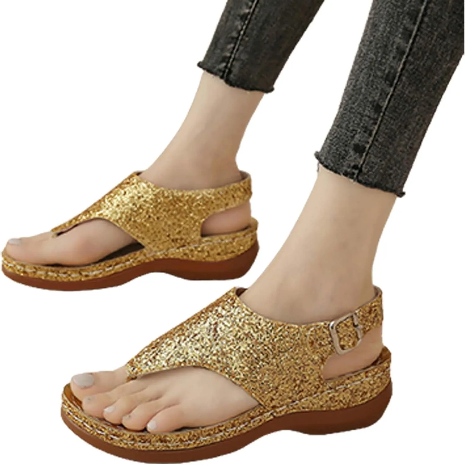 Sandals Women Open Toe Cross Sparkly Strap Comfortable Womens Sandals Flats Summer Dress Orthopedic Platform Sandals