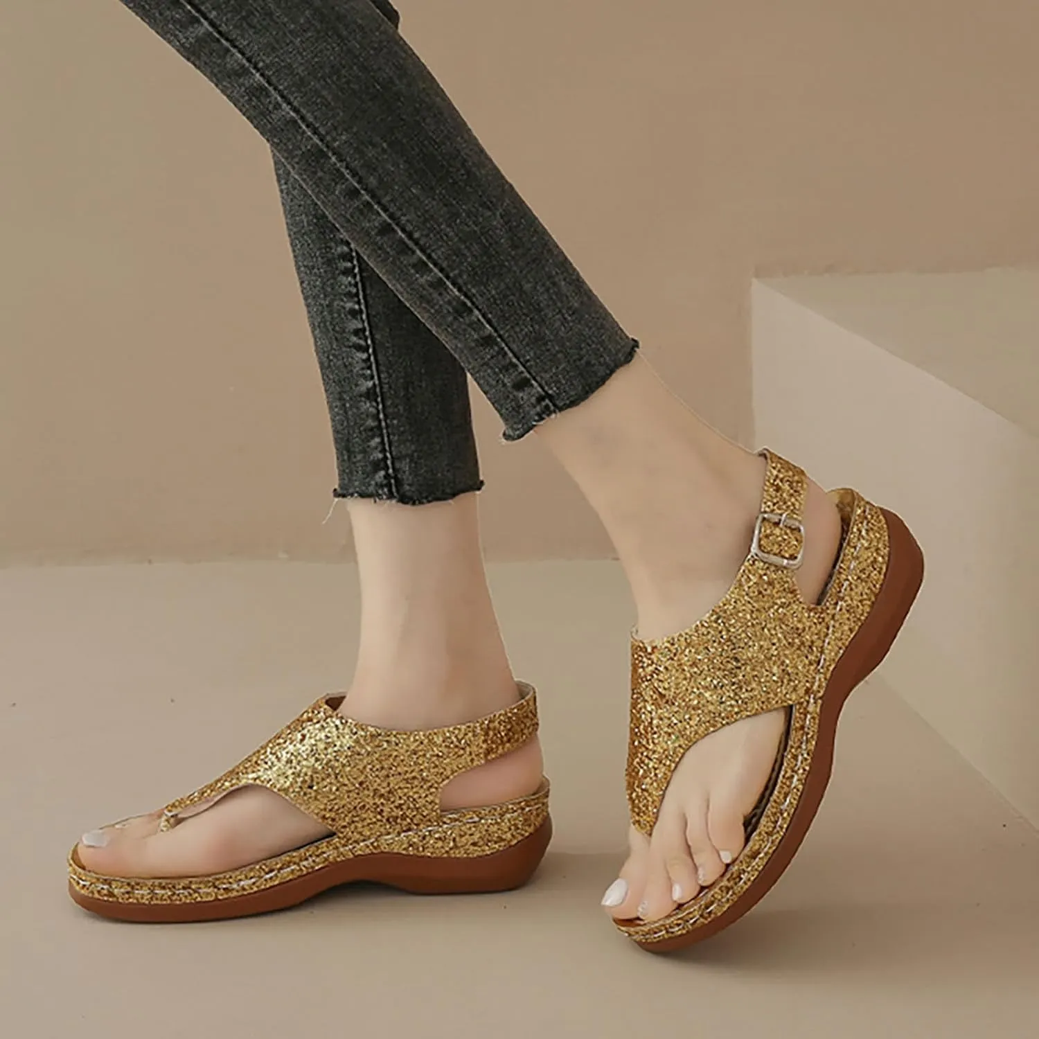 Sandals Women Open Toe Cross Sparkly Strap Comfortable Womens Sandals Flats Summer Dress Orthopedic Platform Sandals