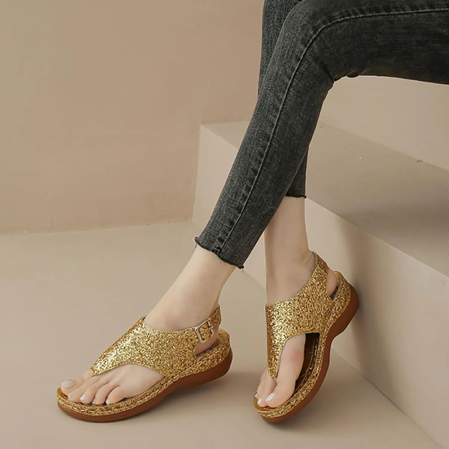 Sandals Women Open Toe Cross Sparkly Strap Comfortable Womens Sandals Flats Summer Dress Orthopedic Platform Sandals
