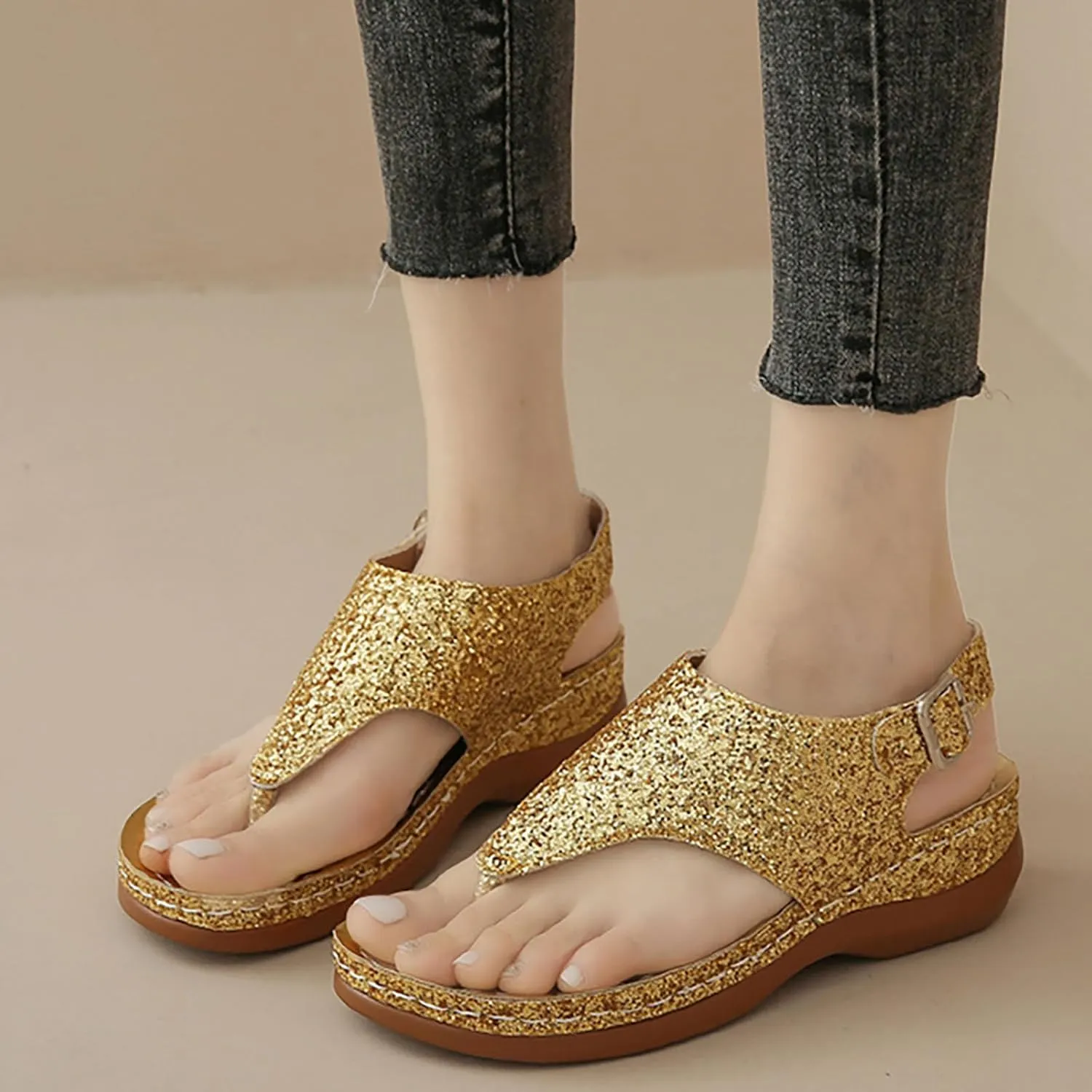 Sandals Women Open Toe Cross Sparkly Strap Comfortable Womens Sandals Flats Summer Dress Orthopedic Platform Sandals