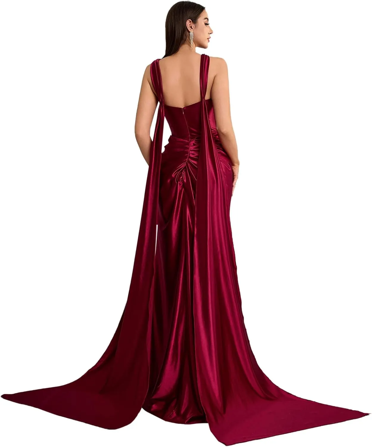 Satin Cross Neck Pleated Sleeveless Long Dress Wedding Guest Formal Evening Gown