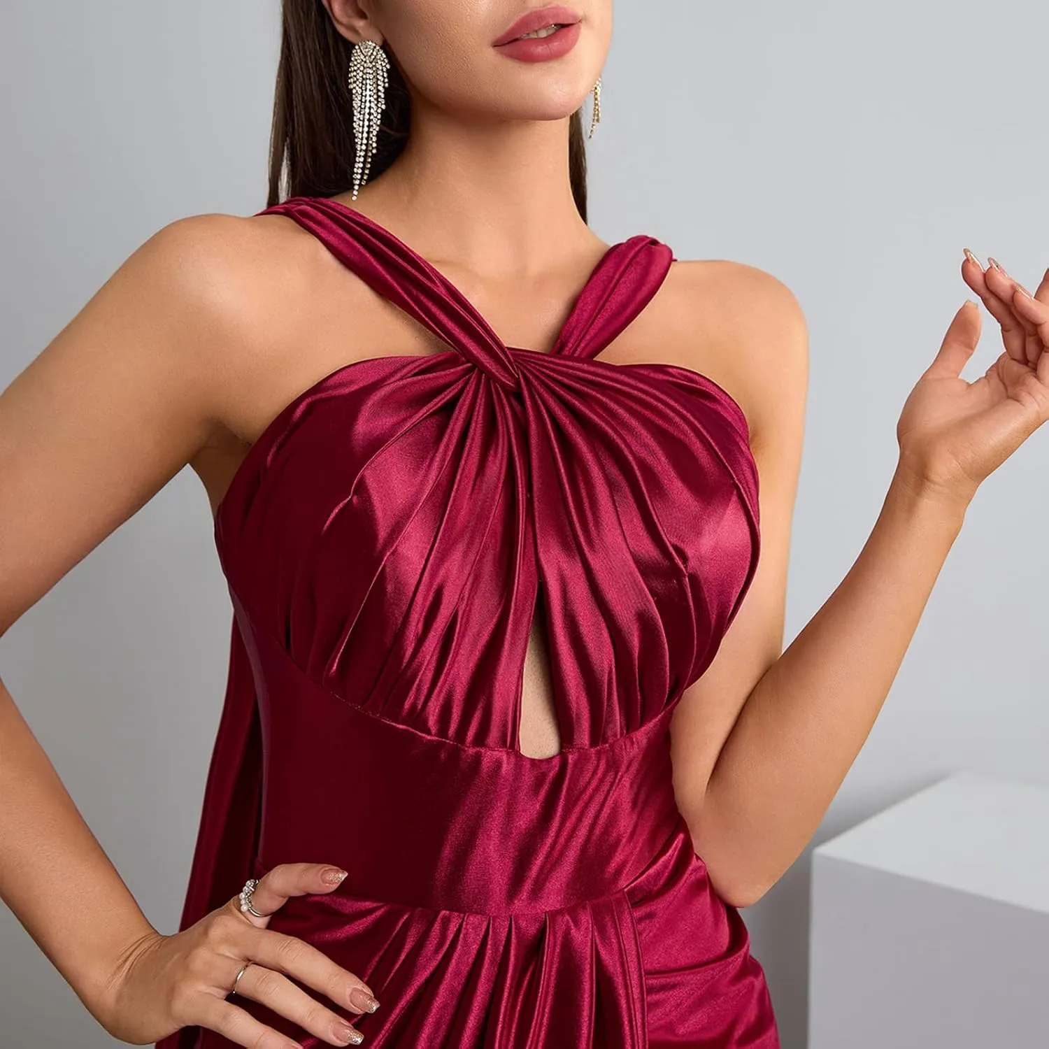 Satin Cross Neck Pleated Sleeveless Long Dress Wedding Guest Formal Evening Gown