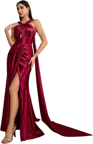 Satin Cross Neck Pleated Sleeveless Long Dress Wedding Guest Formal Evening Gown