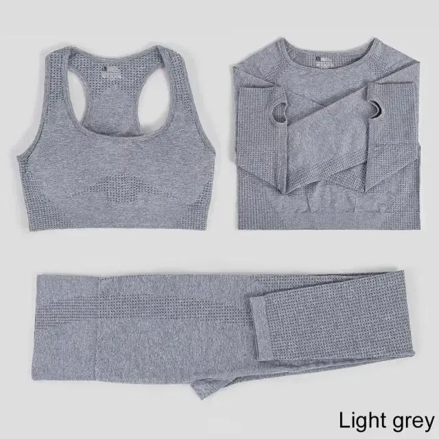 Seamless Yoga Set Workout Sportswear Gym Clothing Fitness High Waist Leggings Long Sleeve Crop Top Sports Suits