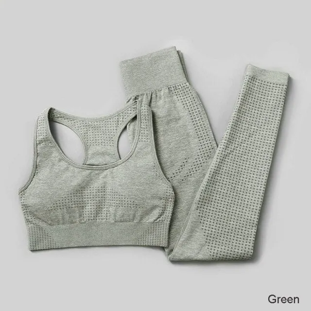 Seamless Yoga Set Workout Sportswear Gym Clothing Fitness High Waist Leggings Long Sleeve Crop Top Sports Suits