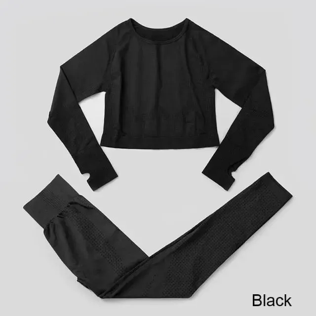 Seamless Yoga Set Workout Sportswear Gym Clothing Fitness High Waist Leggings Long Sleeve Crop Top Sports Suits