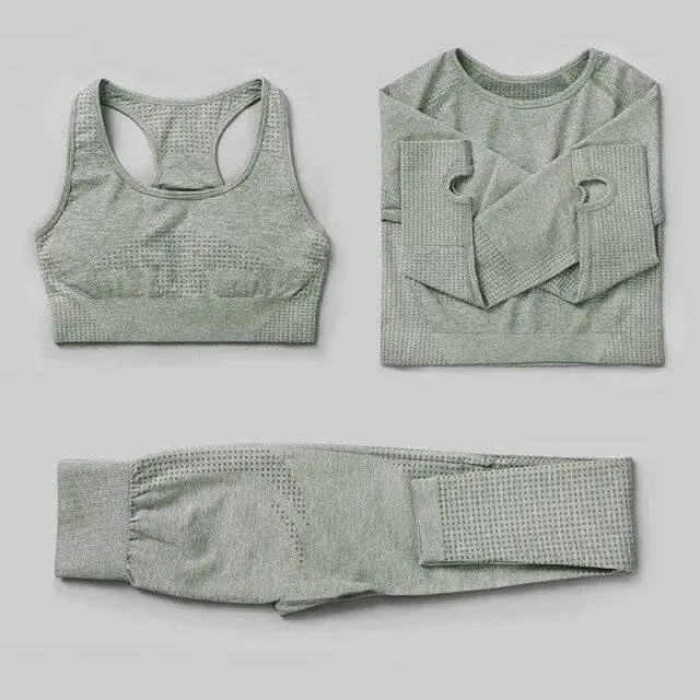 Seamless Yoga Set Workout Sportswear Gym Clothing Fitness High Waist Leggings Long Sleeve Crop Top Sports Suits