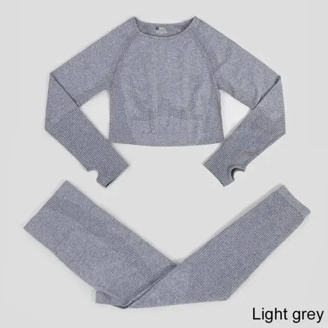 Seamless Yoga Set Workout Sportswear Gym Clothing Fitness High Waist Leggings Long Sleeve Crop Top Sports Suits