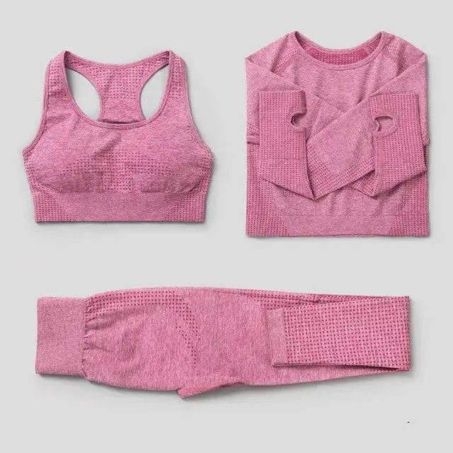 Seamless Yoga Set Workout Sportswear Gym Clothing Fitness High Waist Leggings Long Sleeve Crop Top Sports Suits