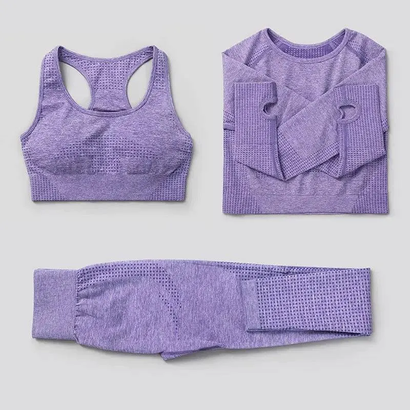 Seamless Yoga Set Workout Sportswear Gym Clothing Fitness High Waist Leggings Long Sleeve Crop Top Sports Suits