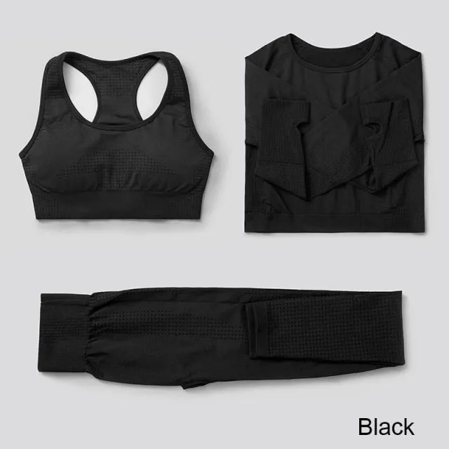 Seamless Yoga Set Workout Sportswear Gym Clothing Fitness High Waist Leggings Long Sleeve Crop Top Sports Suits