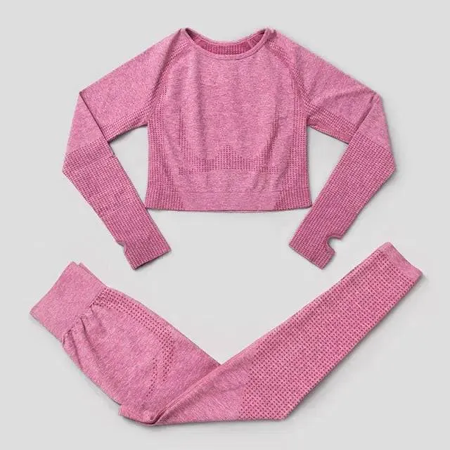 Seamless Yoga Set Workout Sportswear Gym Clothing Fitness High Waist Leggings Long Sleeve Crop Top Sports Suits