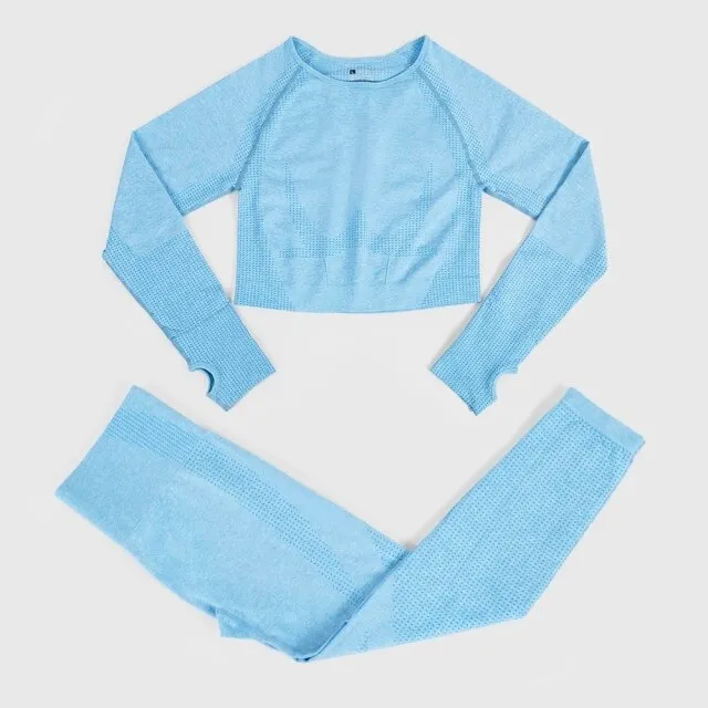 Seamless Yoga Set Workout Sportswear Gym Clothing Fitness High Waist Leggings Long Sleeve Crop Top Sports Suits