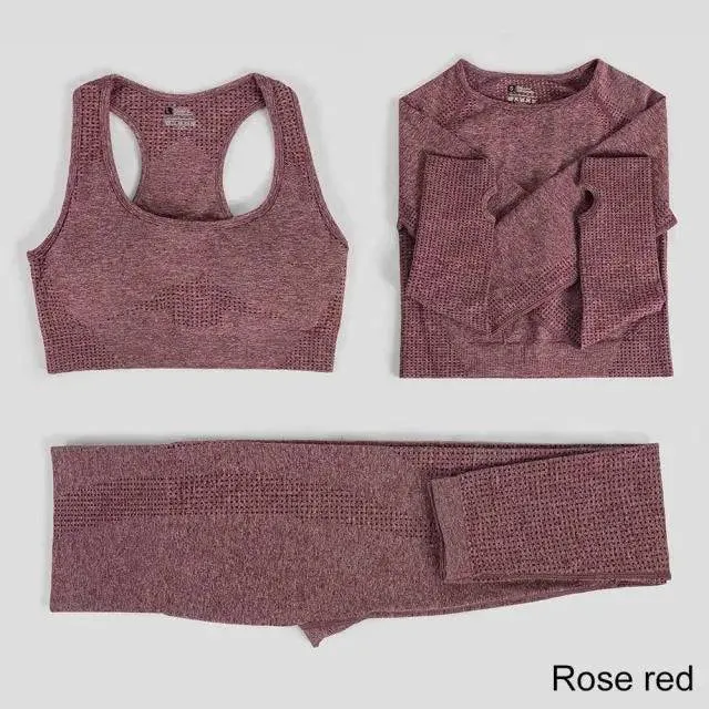 Seamless Yoga Set Workout Sportswear Gym Clothing Fitness High Waist Leggings Long Sleeve Crop Top Sports Suits