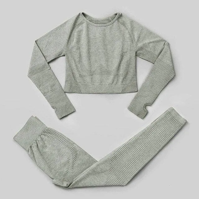 Seamless Yoga Set Workout Sportswear Gym Clothing Fitness High Waist Leggings Long Sleeve Crop Top Sports Suits