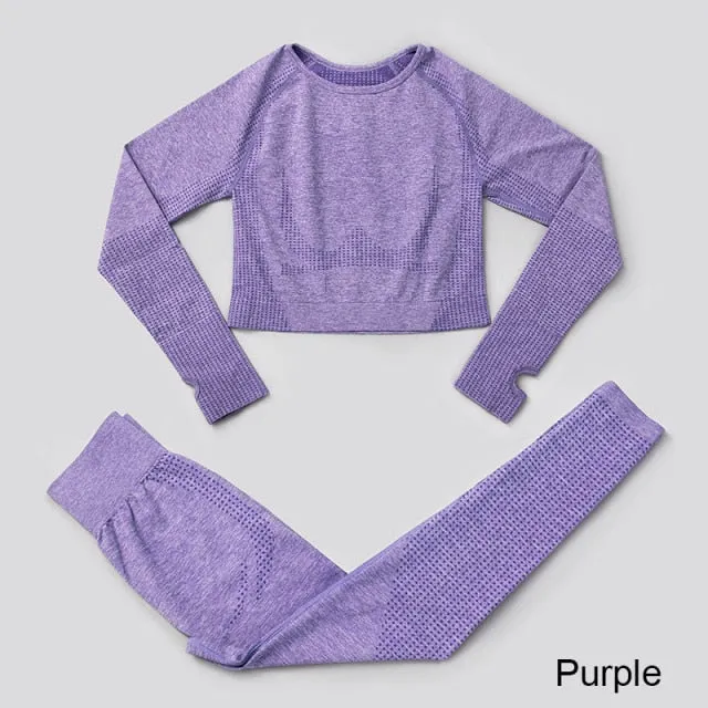 Seamless Yoga Set Workout Sportswear Gym Clothing Fitness High Waist Leggings Long Sleeve Crop Top Sports Suits