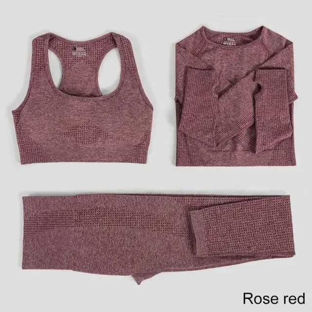 Seamless Yoga Set Workout Sportswear Gym Clothing Fitness High Waist Leggings Long Sleeve Crop Top Sports Suits