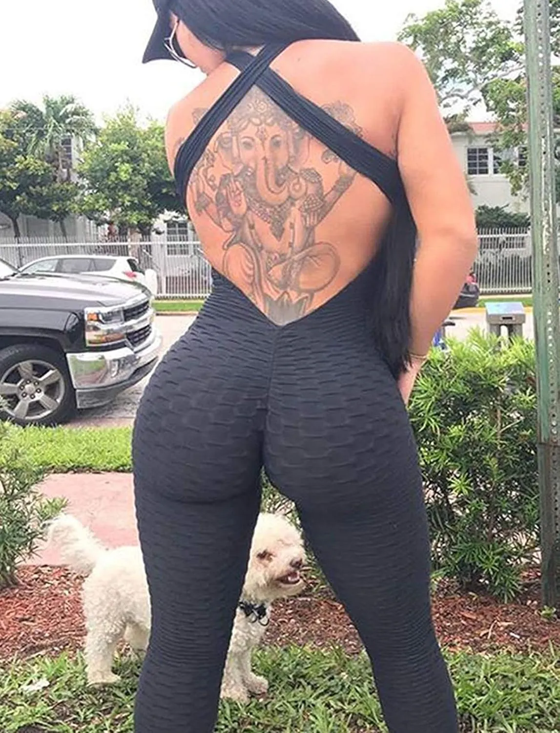 SEASUM Women Texture Bodysuit Sleevesless Sport One-Piece Backless Sexy Slimming Bodycon Rompers Jumpsuit M