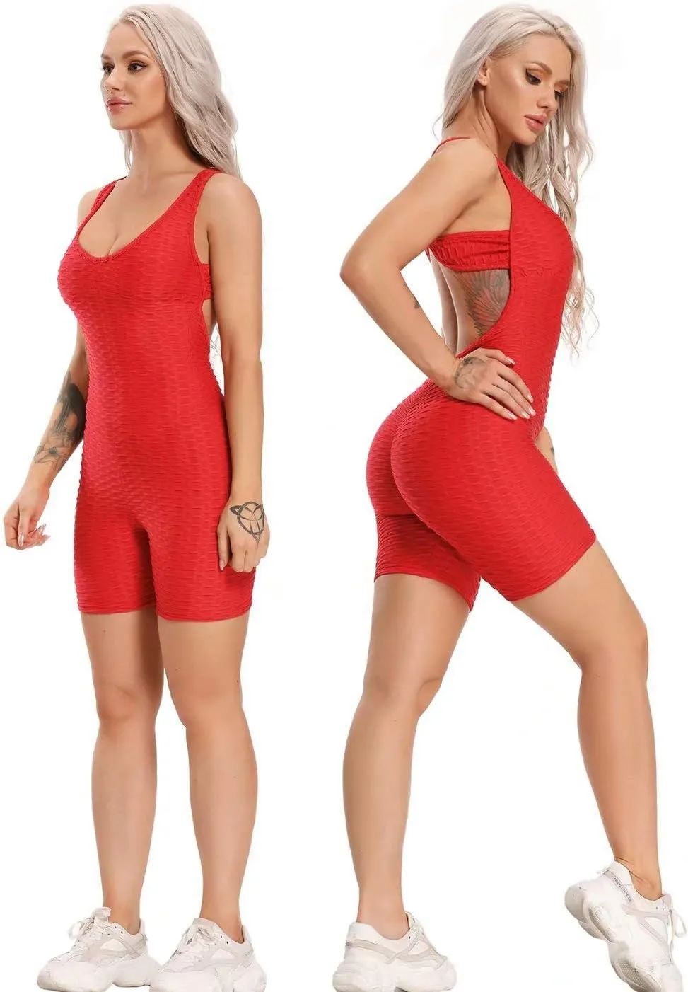 SEASUM Women Texture Bodysuit Sleevesless Sport One-Piece Backless Sexy Slimming Bodycon Rompers Jumpsuit M