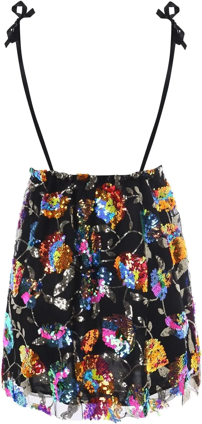 Sequin Dress for Women Sparkly Sexy Spaghetti Strap Backless Deep V Neck Low Cut Mini Dresses for Party Cocktail Club