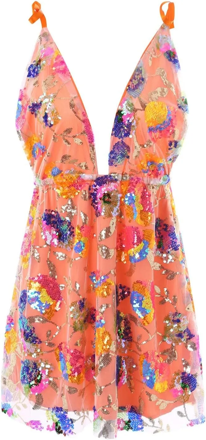 Sequin Dress for Women Sparkly Sexy Spaghetti Strap Backless Deep V Neck Low Cut Mini Dresses for Party Cocktail Club