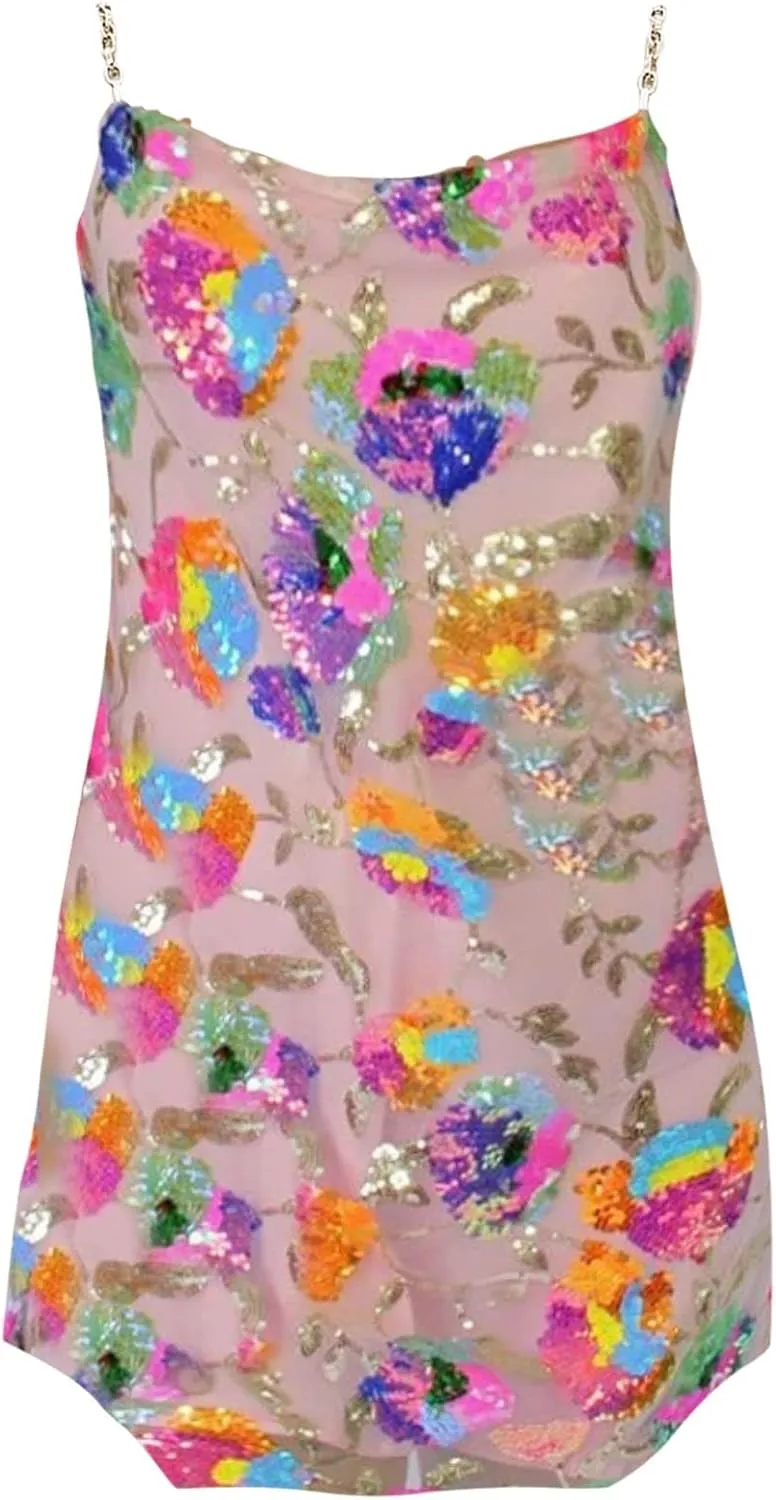 Sequin Dress for Women Sparkly Sexy Spaghetti Strap Backless Deep V Neck Low Cut Mini Dresses for Party Cocktail Club