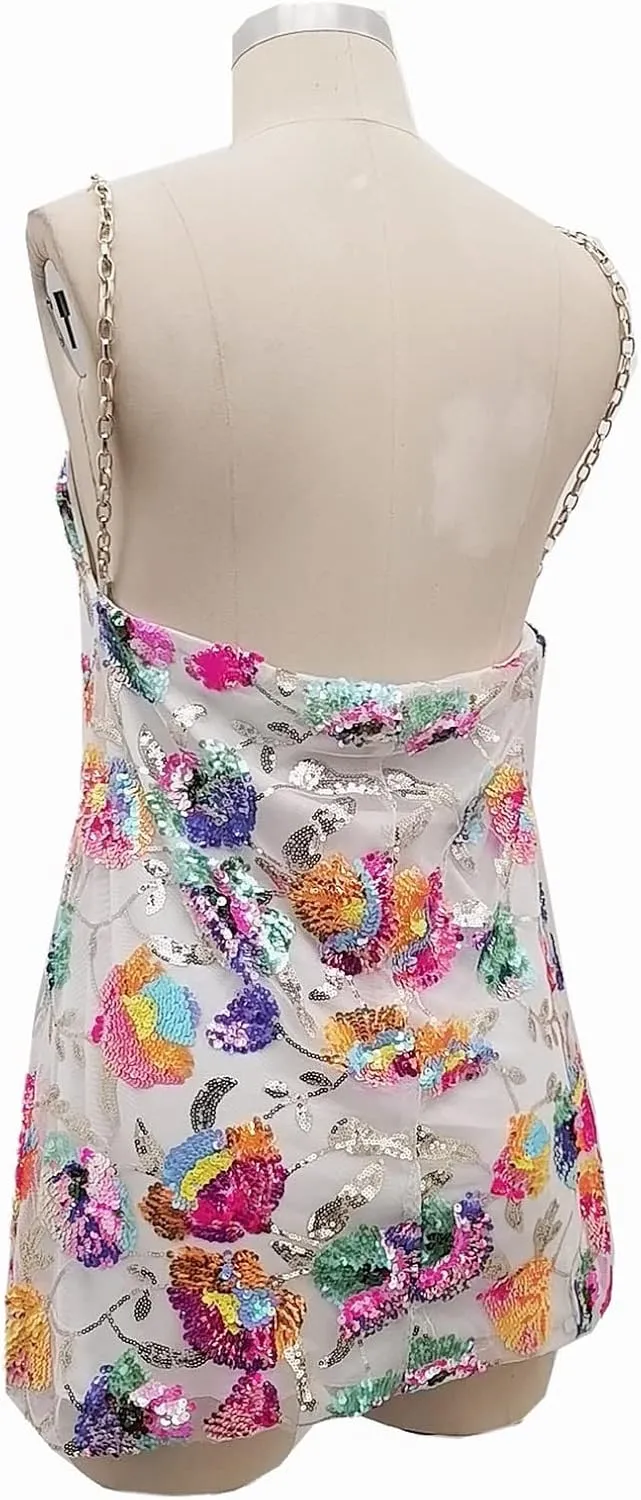Sequin Dress for Women Sparkly Sexy Spaghetti Strap Backless Deep V Neck Low Cut Mini Dresses for Party Cocktail Club