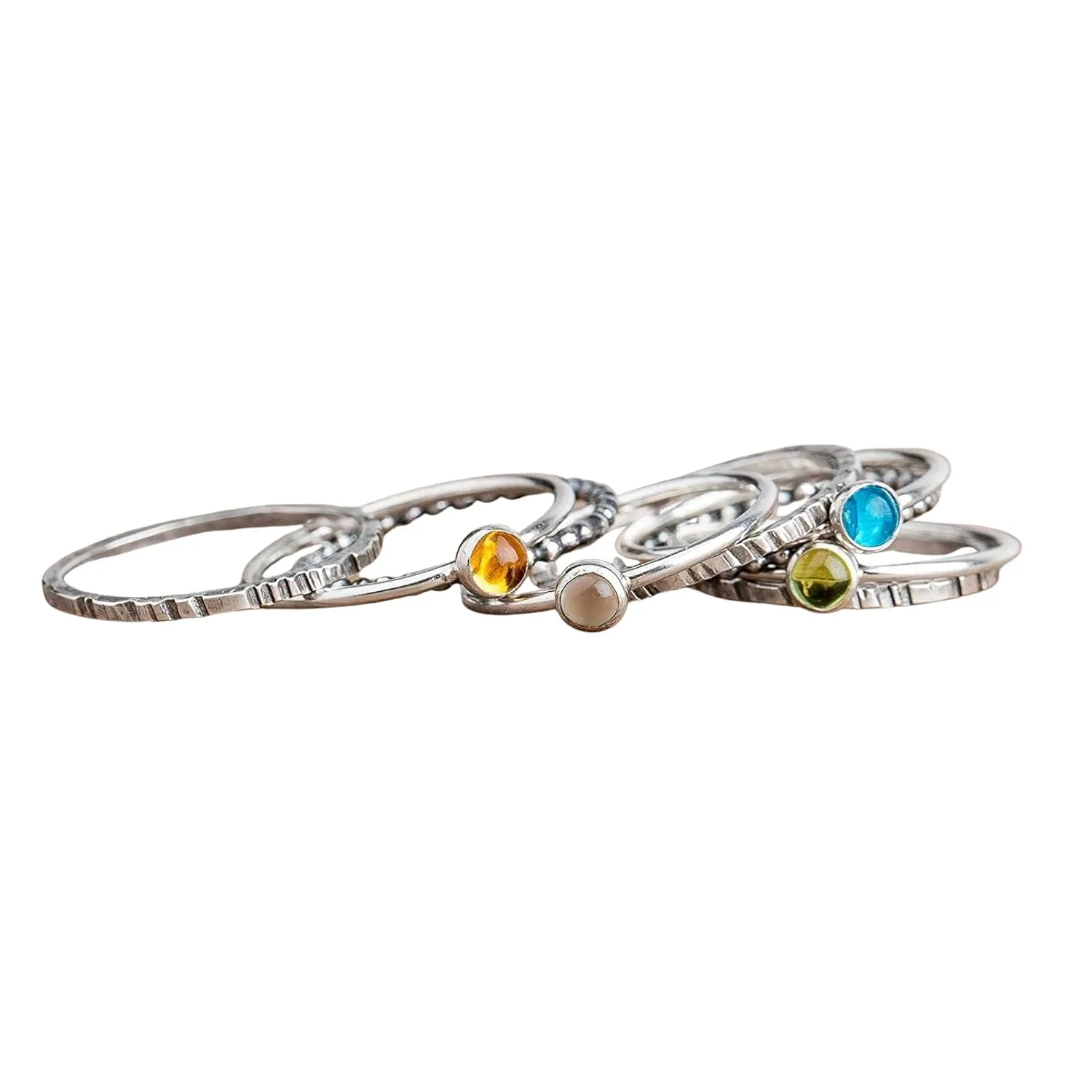 Set of 9 Colorful Stacking Rings | Sterling Silver Stackable Stack Ring Bands with Gemstones | Multiple Options | USA Sizes 4-12 (8.5, Citrine & Moonstone & Apatite & Peridot)
