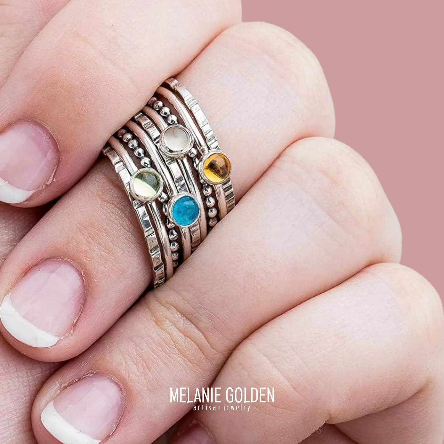 Set of 9 Colorful Stacking Rings | Sterling Silver Stackable Stack Ring Bands with Gemstones | Multiple Options | USA Sizes 4-12 (8.5, Citrine & Moonstone & Apatite & Peridot)